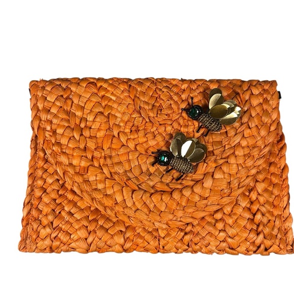 BOHO Chic Rattan Clutch with Bee Emerald Brooch Orange Straw Purse Handbag 7x11 - Picture 1 of 7